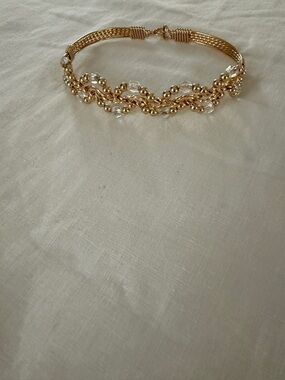 Gold Braided Bead Bracelet with Clear Crystal Accents